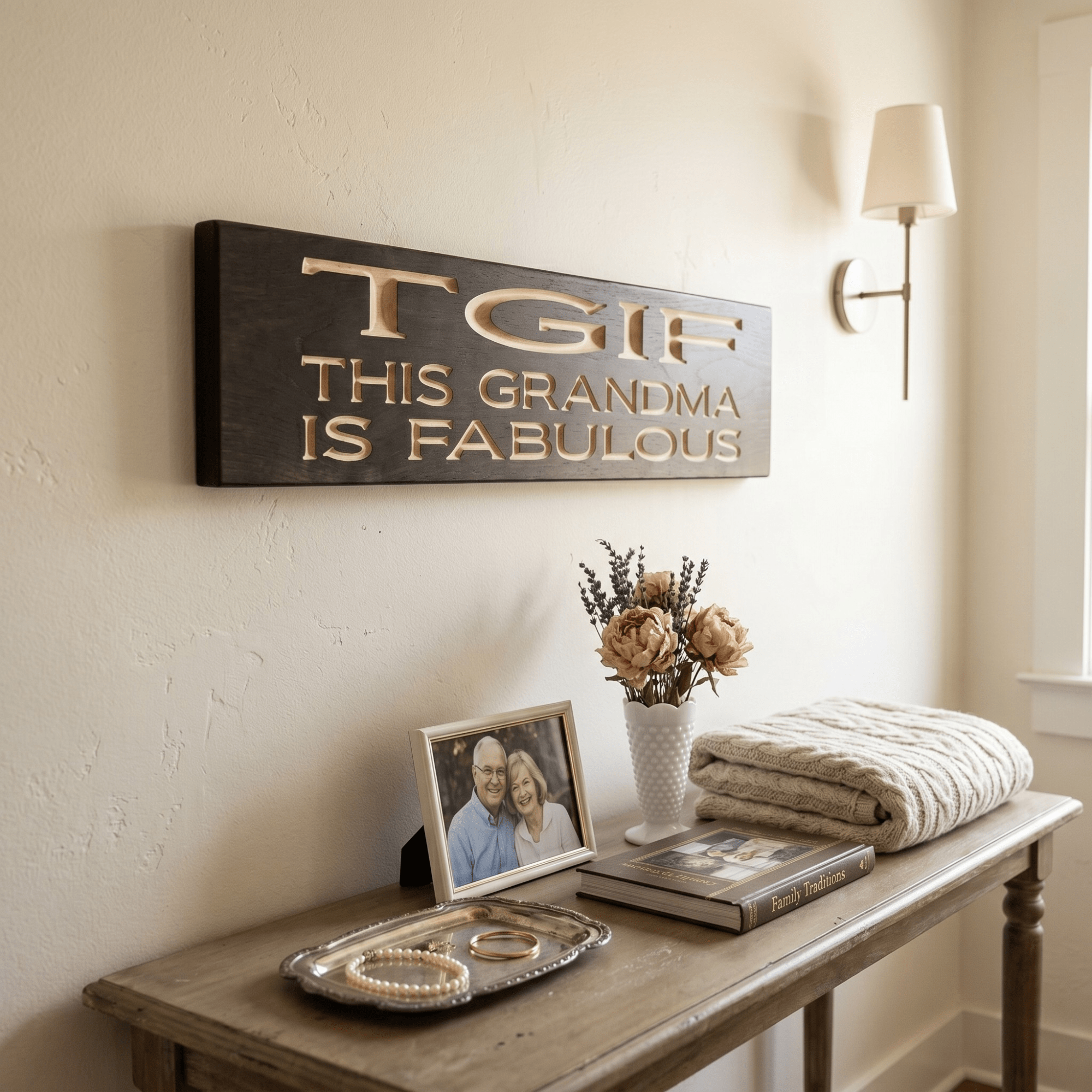 TGIF This Grandma Is Fabulous wood sign hanging in a cozy entryway above a console table with family photo, flowers, and folded throw