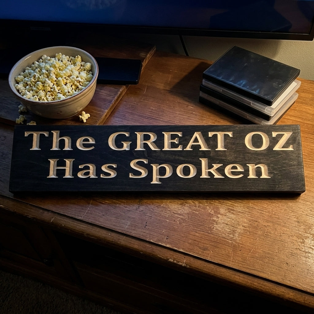 The Great Oz Has Spoken Sign rests on a dark wooden table, with a bowl of popcorn and DVD cases in the background from Bluegrass Gifts