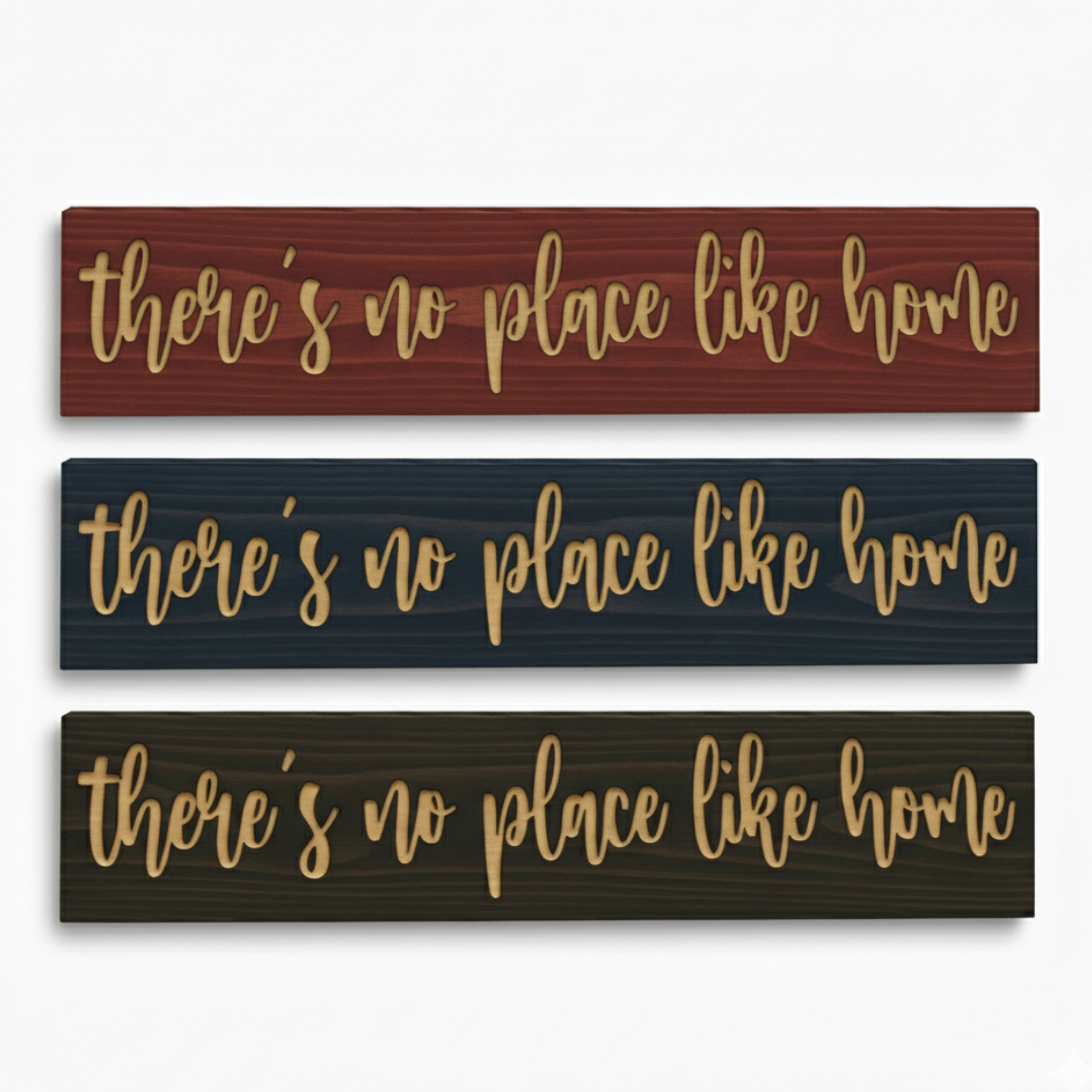 Three finish options for the carved wooden home sign shown in barn red, navy, and dark walnut.