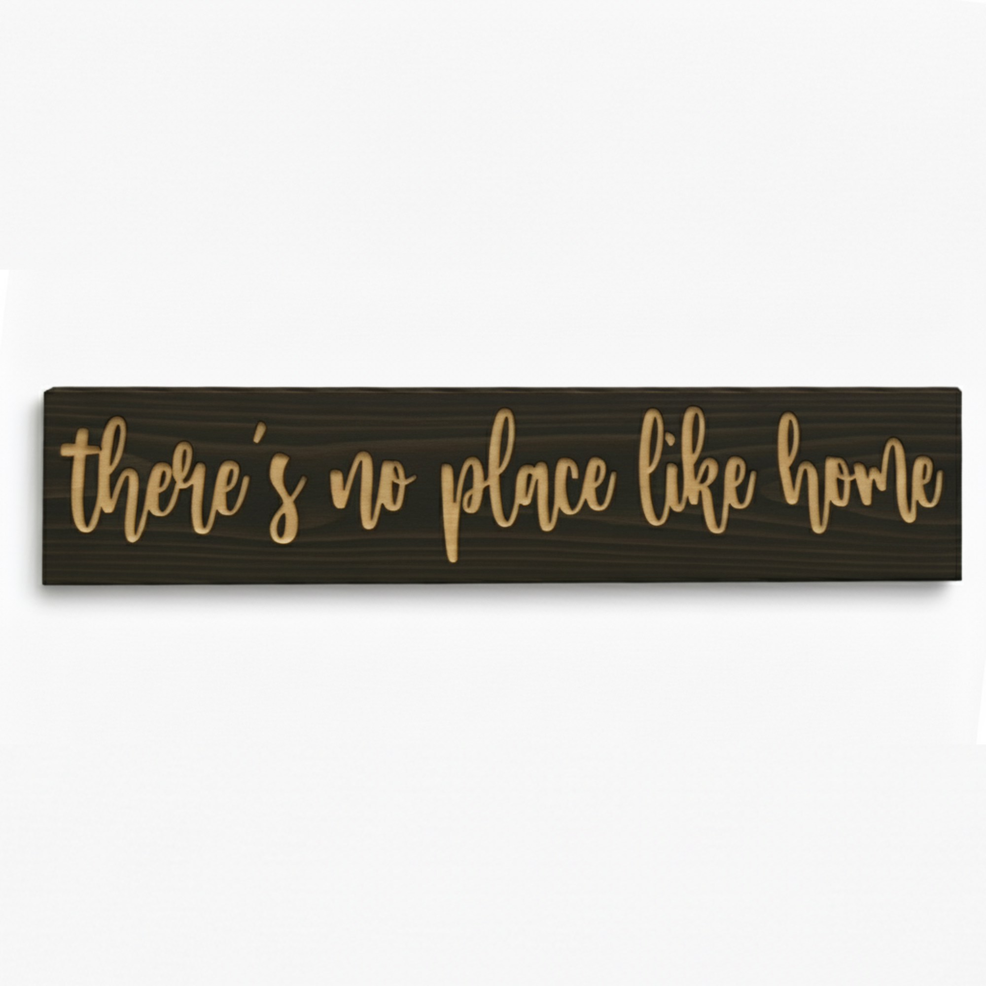 Front view of CNC-carved “There’s No Place Like Home” solid wood sign in dark walnut finish.