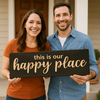 happy-place-sign-closeup-engraving - this is our happy place wood sign by Bluegrass Gifts, handmade in Kentucky