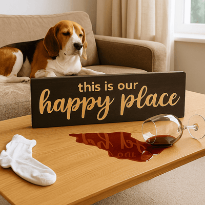 happy-place-sign-cozy-coffee-table - this is our happy place wood sign by Bluegrass Gifts, handmade in Kentucky