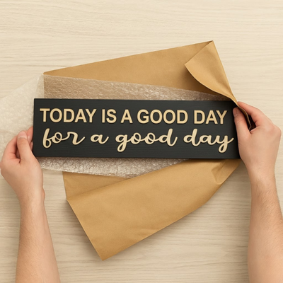 Hands unwrapping a handcrafted wooden sign reading “Today is a good day for a good day,” made by Bluegrass Gifts, solid wood inspirational wall art.