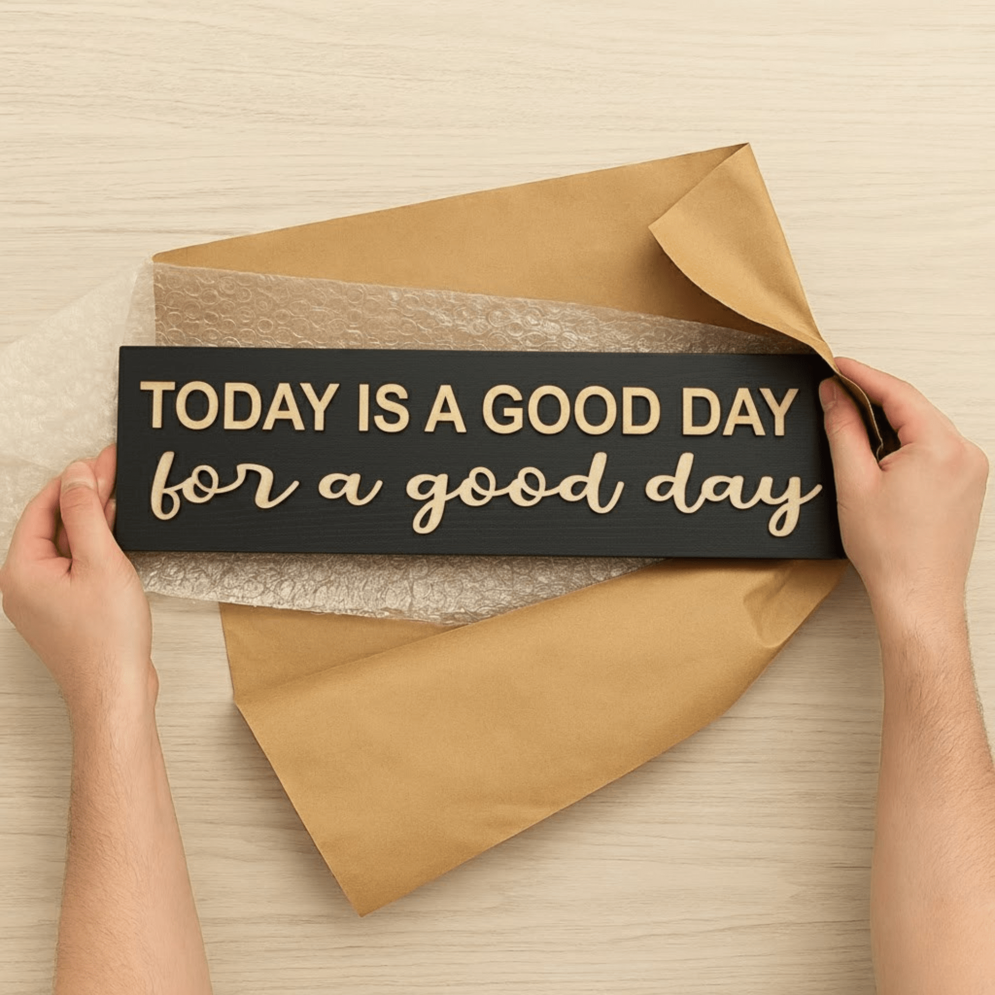 today-is-a-good-day-wood-sign-desk-scene-night-lig - today is a good day wood sign by Bluegrass Gifts, handmade in Kentucky