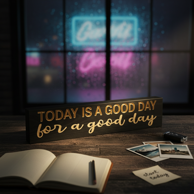 Close-up of “Today is a good day for a good day” carved sign on a desk with a notebook and photos, warm evening lighting, handmade décor by Bluegrass Gifts.