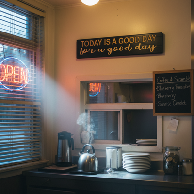“Today is a good day for a good day” wooden sign hanging in a cozy kitchen near a coffee station, rustic inspirational wall décor handmade in Kentucky.
