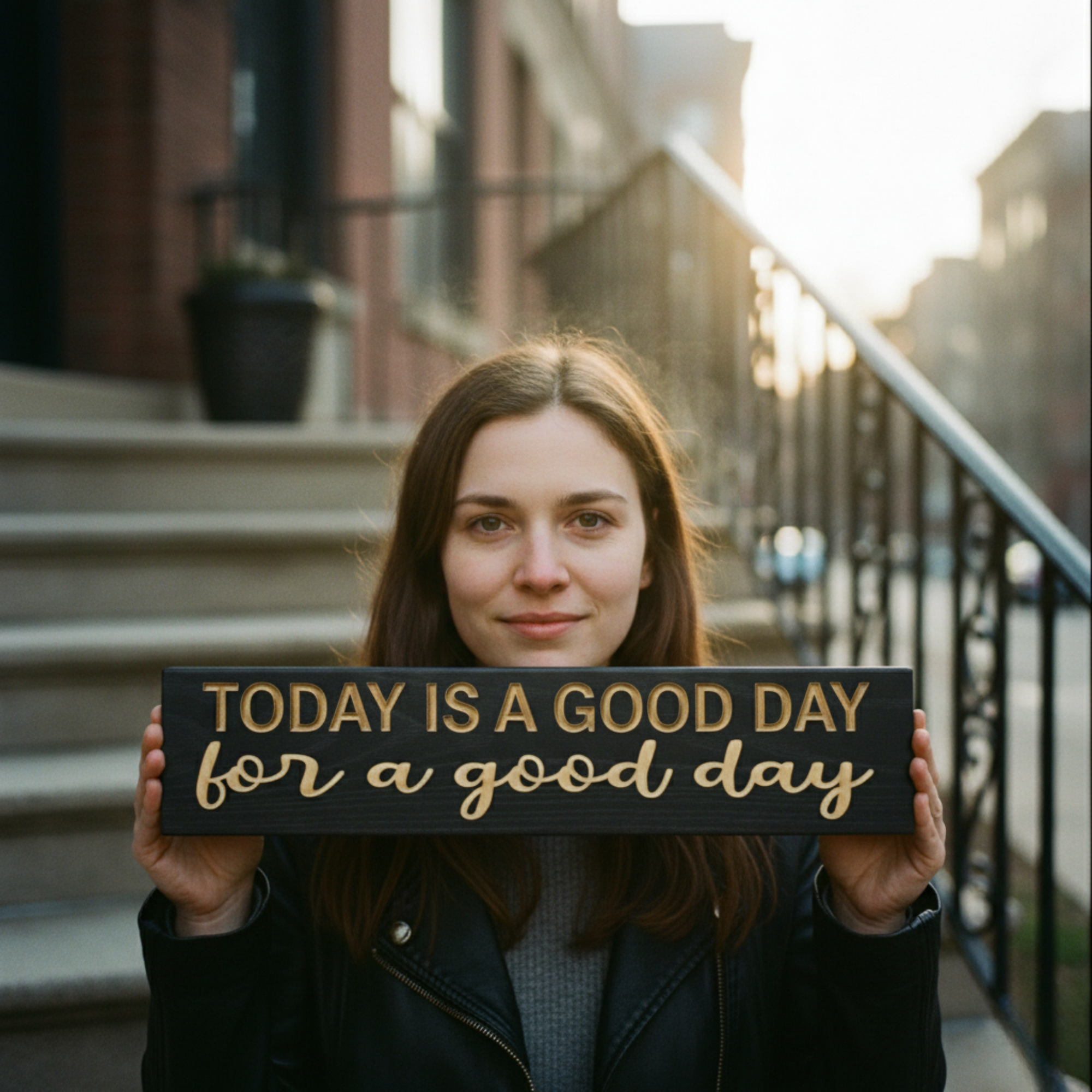 Woman holding a “Today is a good day for a good day” carved wood sign outdoors in natural light, handmade motivational décor by Bluegrass Gifts.