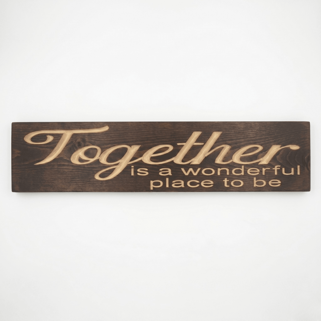 Handcrafted Together is a Wonderful Place to Be solid wood sign in Dark Walnut finish with deep CNC-carved script lettering on a clean white background