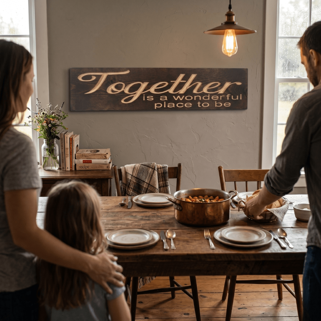 Together is a Wonderful Place to Be carved wood sign hanging above a farmhouse dining table as a family gathers for dinner with a copper pot of stew and pendant light