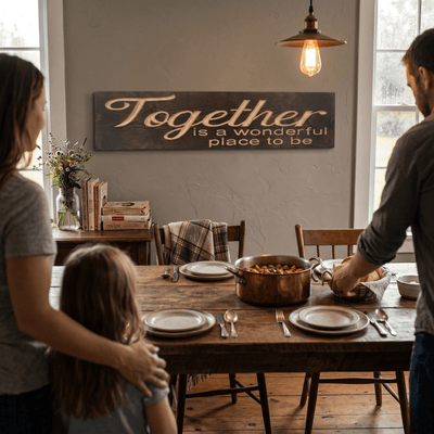 Together is a Wonderful Place to Be carved wood sign hanging above a farmhouse dining table as a family gathers for dinner with a copper pot of stew and pendant light