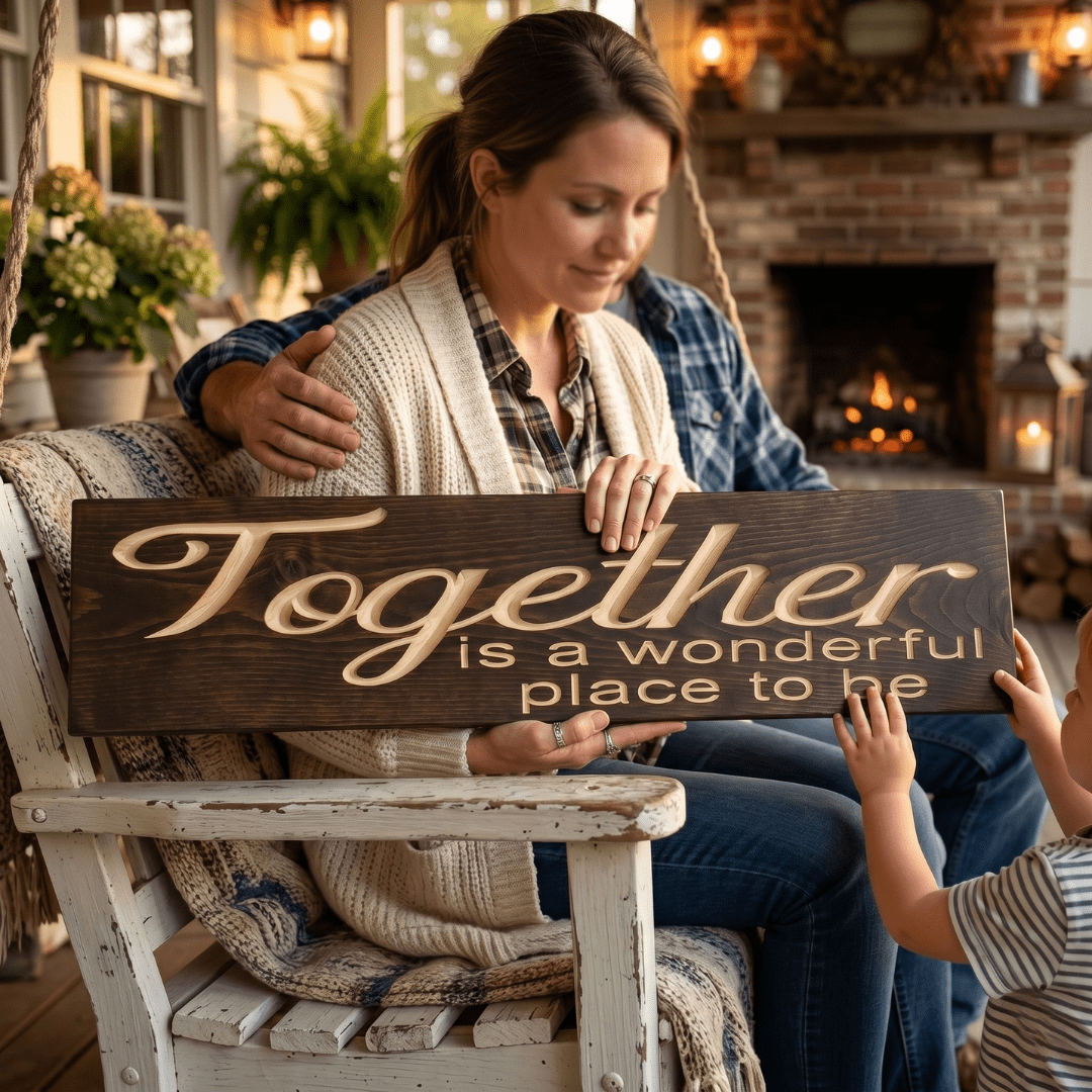 Mother and young child holding the Together is a Wonderful Place to Be carved wood sign on a cozy front porch swing with a fireplace and lanterns