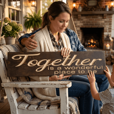 Mother and young child holding the Together is a Wonderful Place to Be carved wood sign on a cozy front porch swing with a fireplace and lanterns