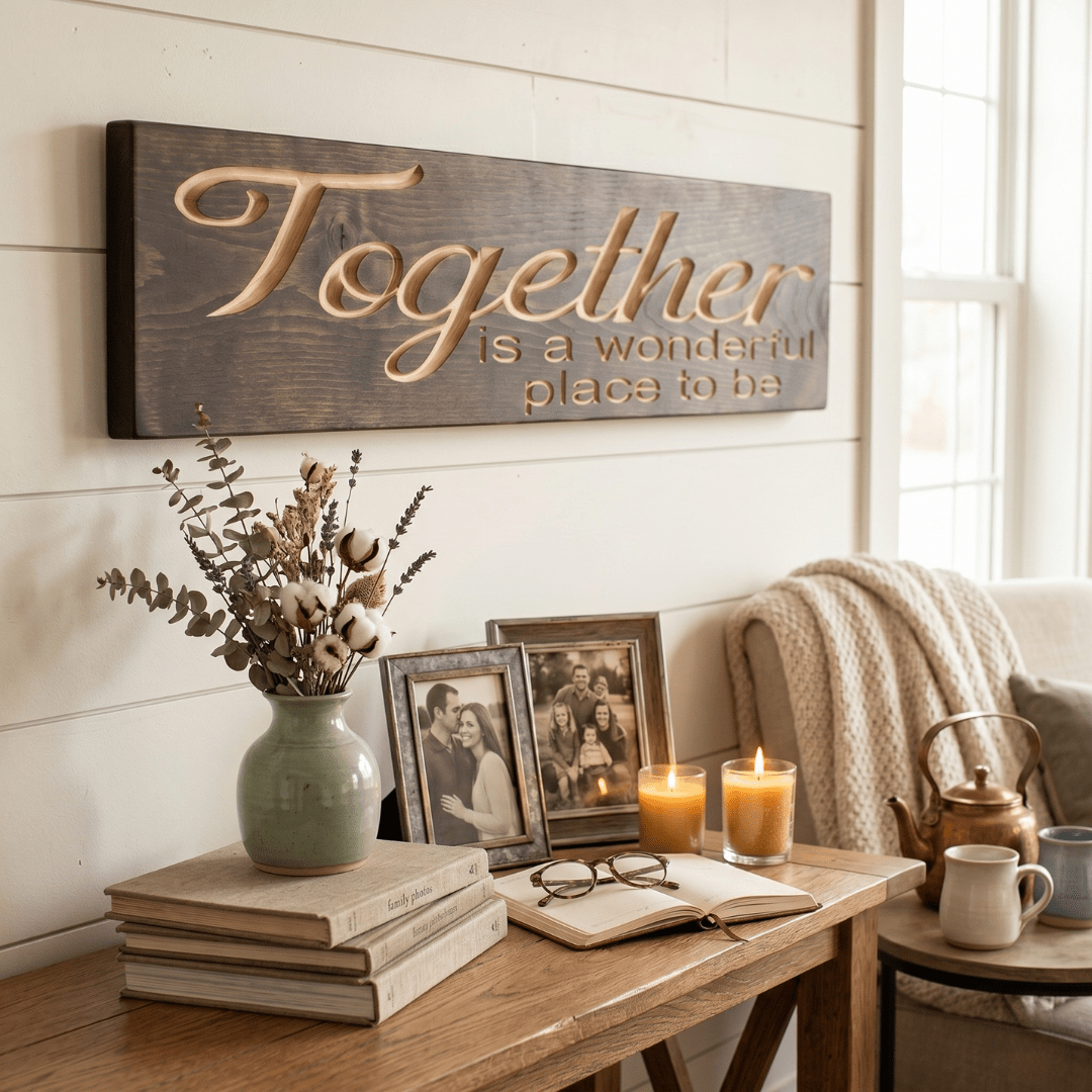 Together is a Wonderful Place to Be CNC-carved wood sign hung on a white shiplap wall above a console table with family photos, dried florals, and candles