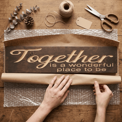 Together is a Wonderful Place to Be carved wood sign being gift wrapped in kraft paper with twine, eucalyptus, and a blank tag for a couple's anniversary or wedding gift