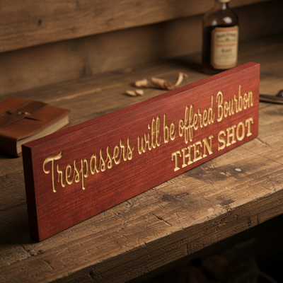 Funny No Trespassing Sign — Trespassers Offered Bourbon — carved wood sign — Bluegrass Gifts