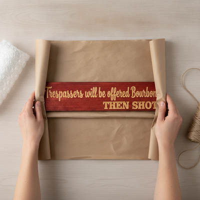 Funny No Trespassing Sign — Trespassers Offered Bourbon — gift-ready packaging — Bluegrass Gifts