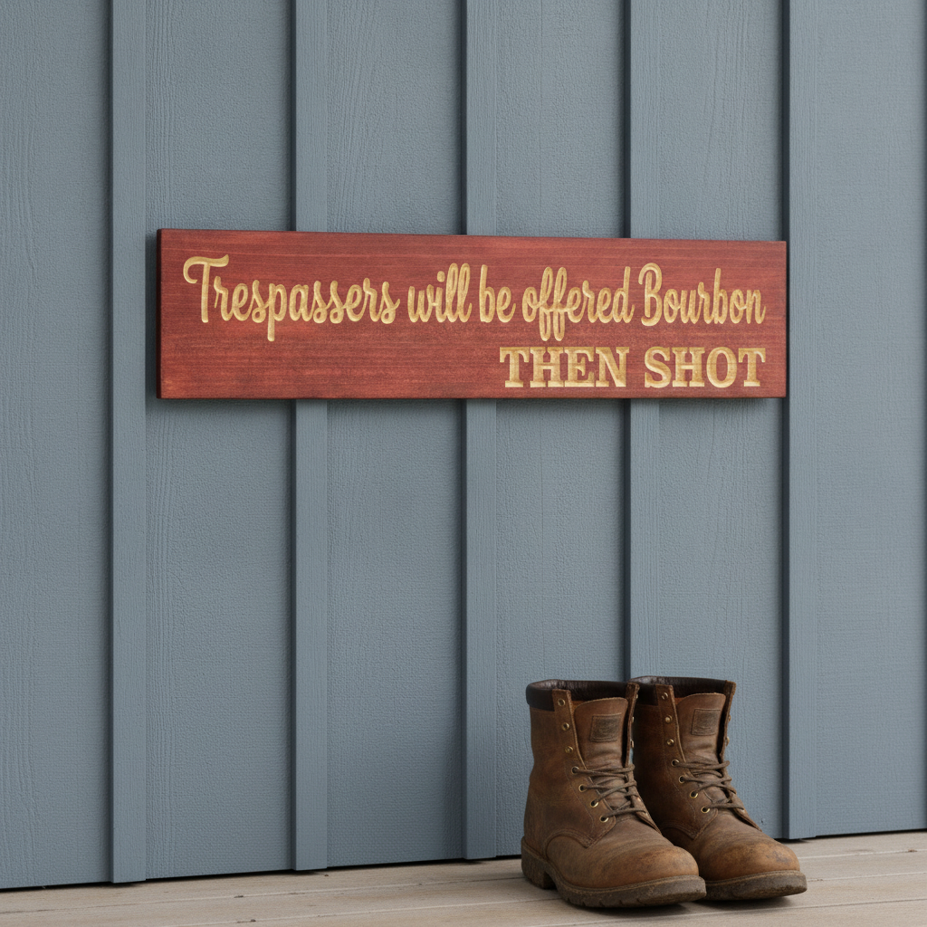 Funny No Trespassing Sign — Trespassers Offered Bourbon — styled on wall — Bluegrass Gifts