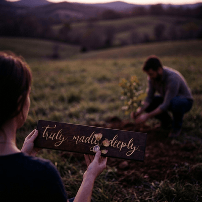 Woman holding the Truly Madly Deeply carved wood sign with dried flowers and a vintage pocket watch while her partner plants a tree at sunset in the Kentucky countryside