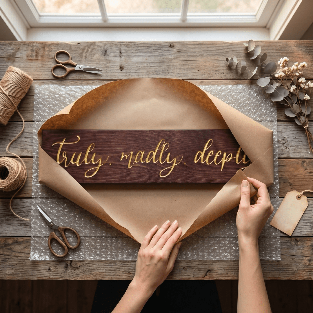 Truly Madly Deeply carved wood sign being gift wrapped in kraft paper with twine, scissors, eucalyptus, and a blank tag for a romantic anniversary gift