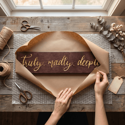 Truly Madly Deeply carved wood sign being gift wrapped in kraft paper with twine, scissors, eucalyptus, and a blank tag for a romantic anniversary gift