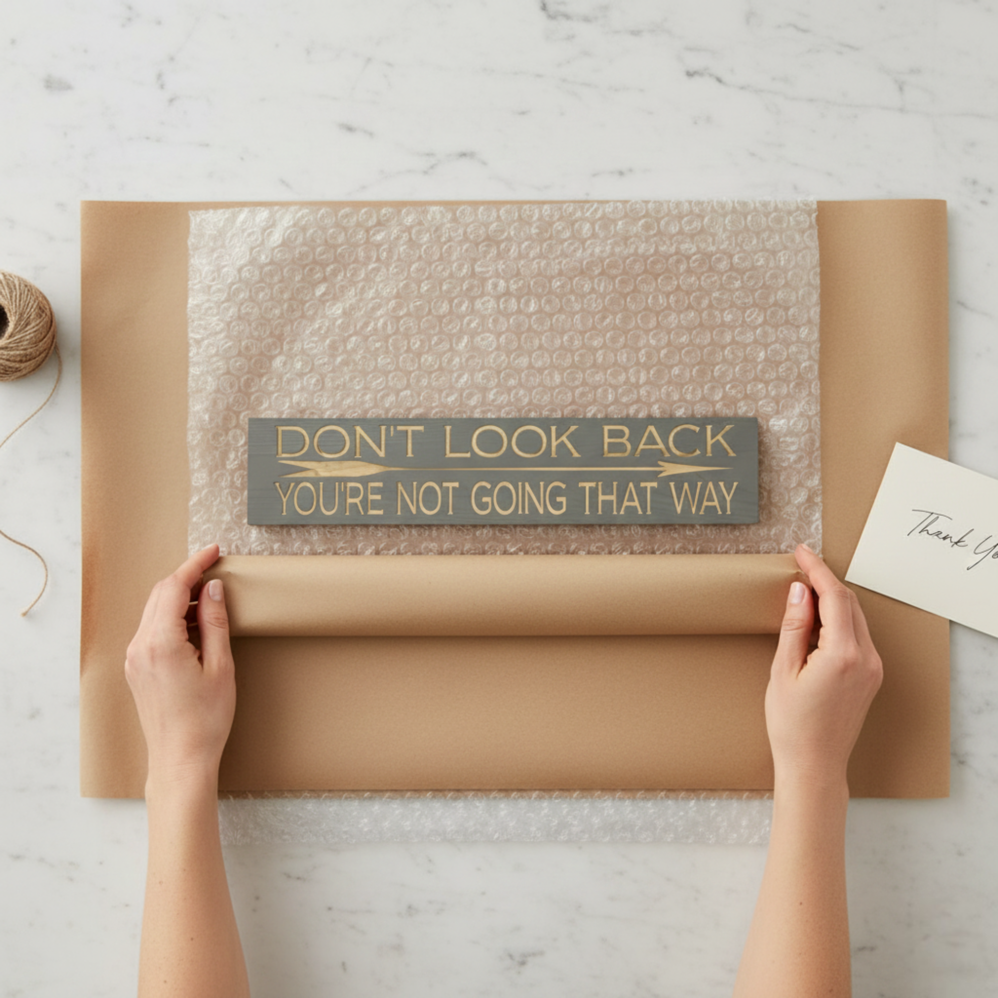 Overhead unboxing shot of the "Don't Look Back" sign being wrapped in eco-friendly packaging, showcasing a gift-ready presentation.