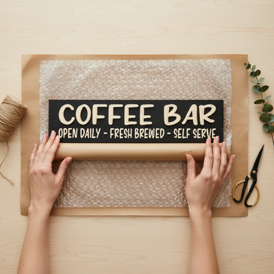 Top-down view of the Coffee Bar sign being carefully packed with craft paper, highlighting the care in shipping and gift-ready presentation.