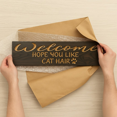 Hands carefully unwrapping a newly delivered carved wood cat sign, showing the protective packaging, perfect for a housewarming gift.