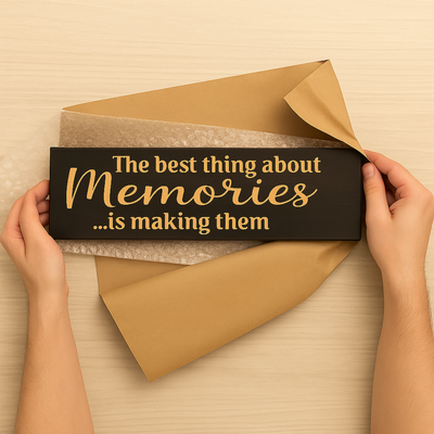 Unboxing the handmade sign with pre-installed sawtooth hanger, ready to hang.