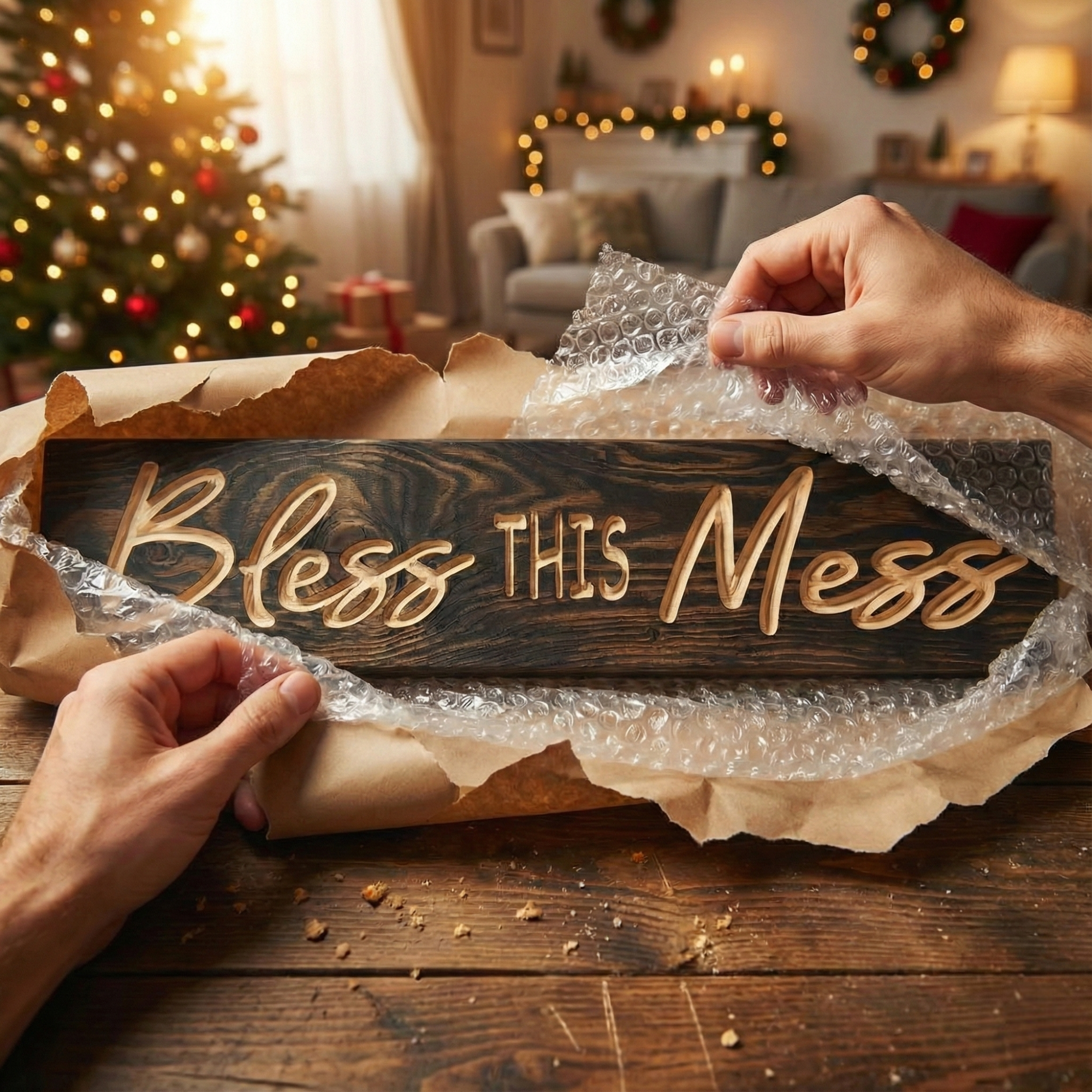 Hands carefully unwrapping a handmade carved wood sign from protective bubble wrap and paper, with a Christmas tree in the background.