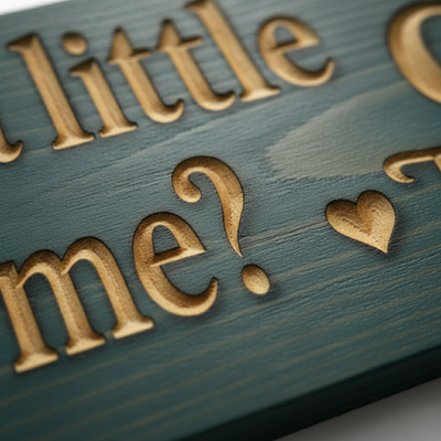  A close-up macro shot of the V-carve lettering on the solid wood sign, showing the precise detail and wood grain.