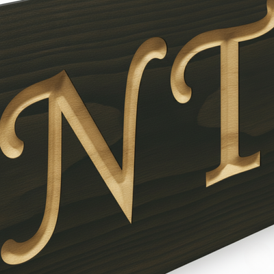 A close-up macro shot of a solid wood pantry sign, highlighting the clean, precise v-carved detail of the letters and the wood grain.