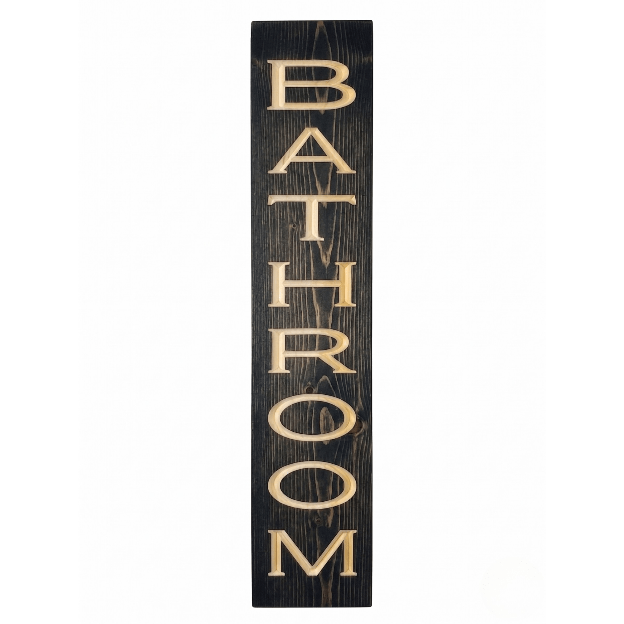 Vertical wooden bathroom sign with deeply CNC carved BATHROOM lettering on solid pine in ebony stain — handcrafted farmhouse bathroom wall decor from Bluegrass Gifts.