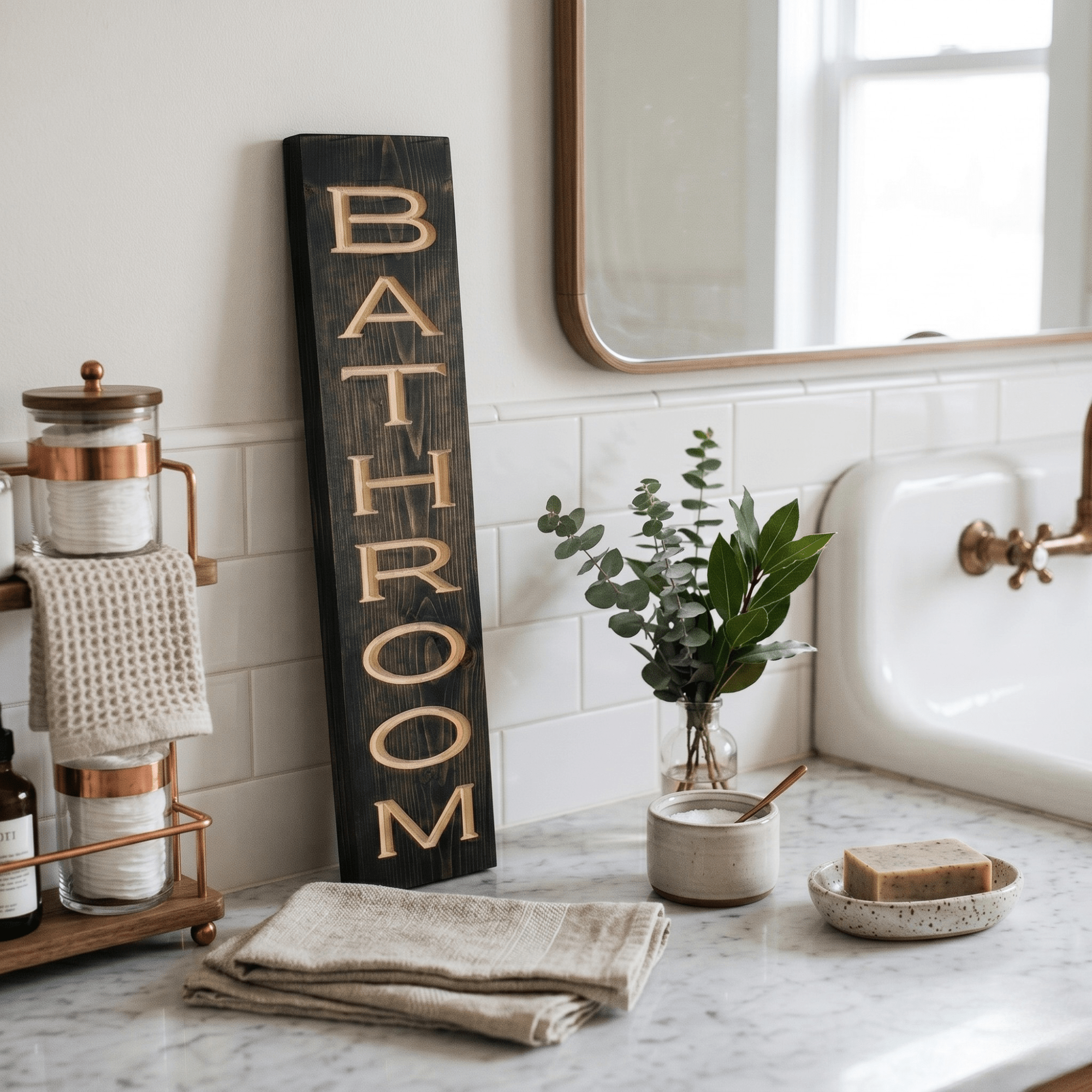 Vertical CNC carved bathroom wood sign styled on a marble counter beside copper fixtures, eucalyptus, and a vintage farmhouse sink — modern farmhouse bathroom decor.