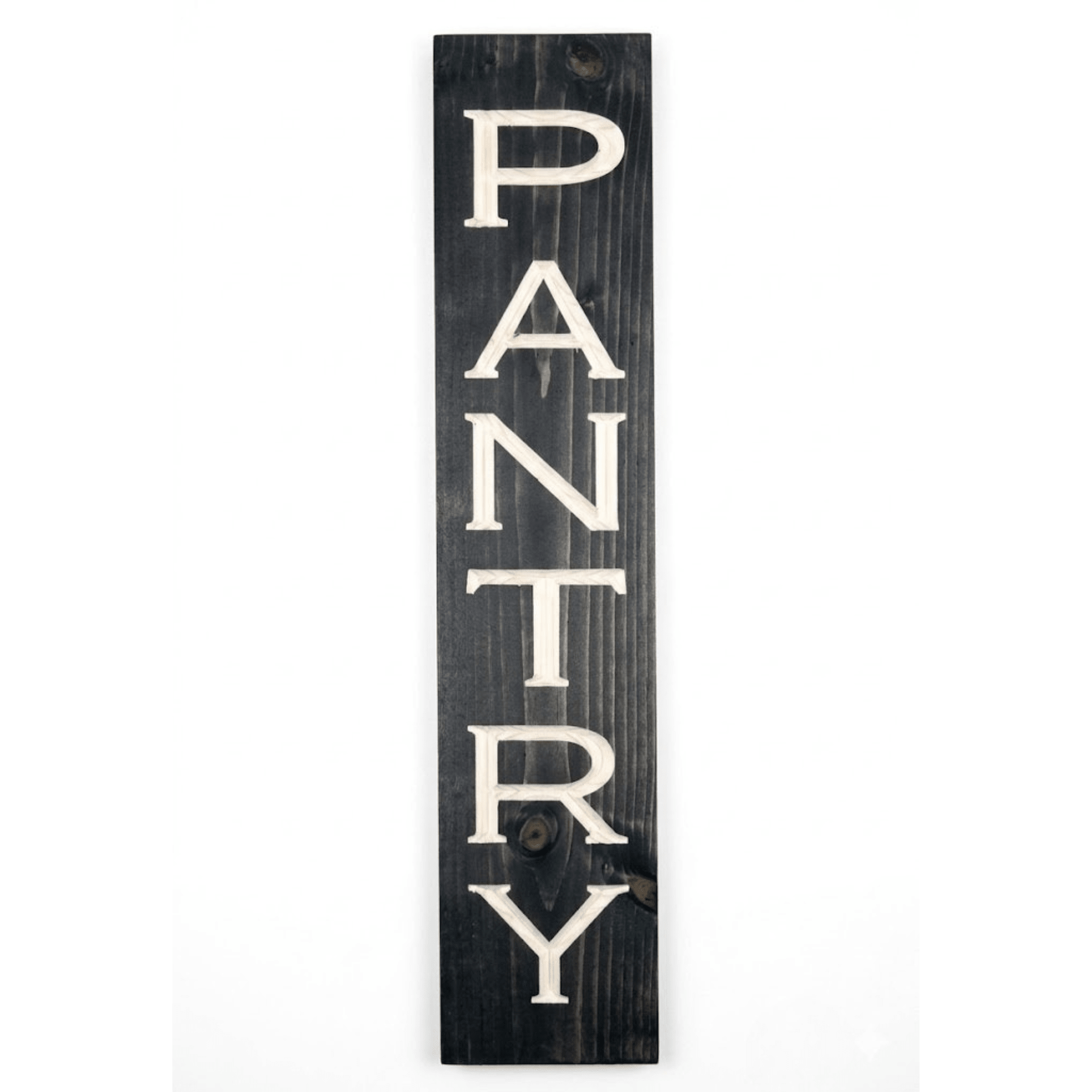 Vertical wooden pantry sign with deeply CNC carved PANTRY lettering on solid pine in ebony stain — handcrafted farmhouse kitchen wall decor from Bluegrass Gifts.