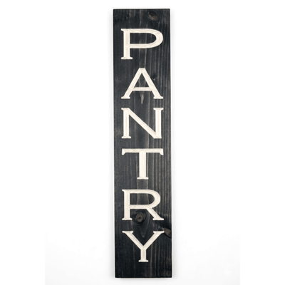 Vertical wooden pantry sign with deeply CNC carved PANTRY lettering on solid pine in ebony stain — handcrafted farmhouse kitchen wall decor from Bluegrass Gifts.
