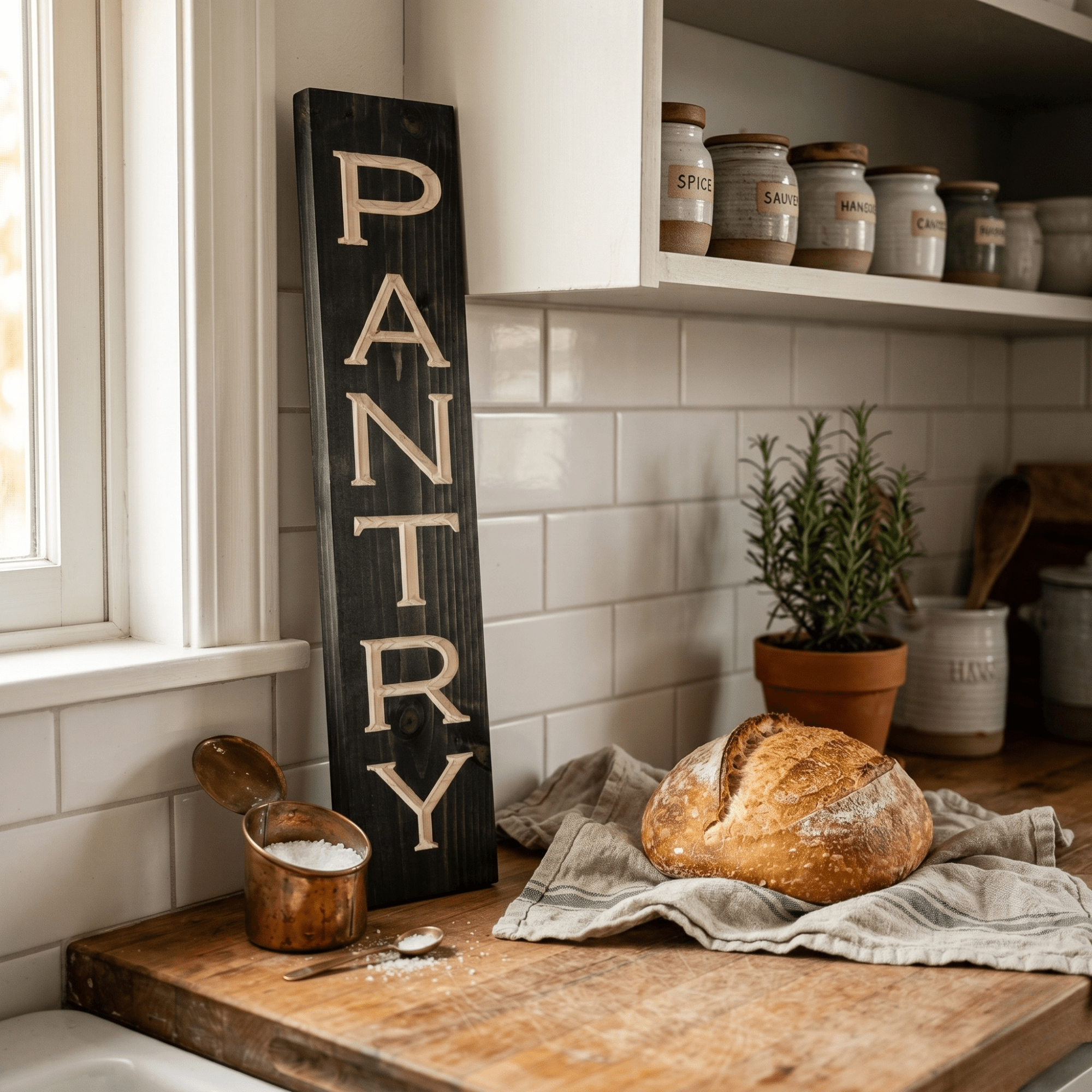 Vertical CNC carved pantry wood sign styled on a butcher block counter beside a sourdough loaf, fresh rosemary, and copper measuring cup in a modern farmhouse kitchen with white subway tile.