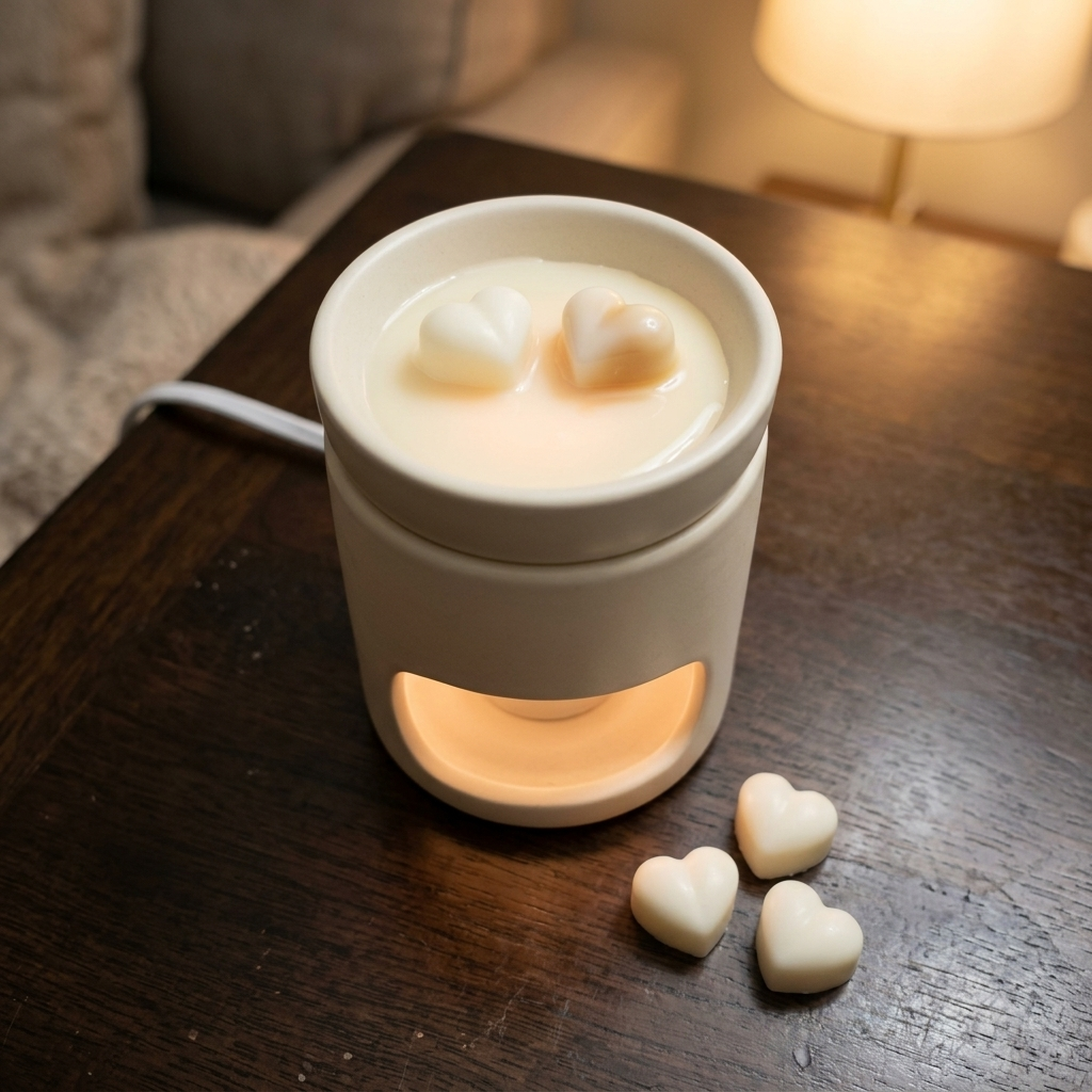 Heart wax melts melting in a cream ceramic warmer