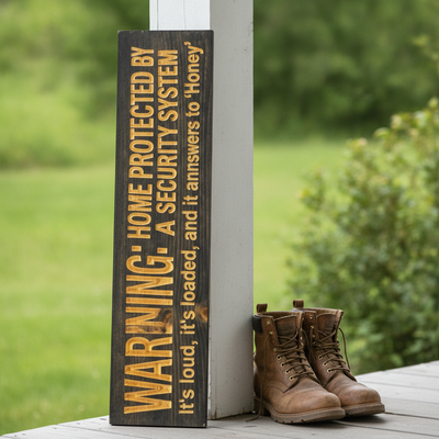 Funny Security Sign — It's Loud, It's Loaded, Answers To Honey — styled in room — Bluegrass Gifts