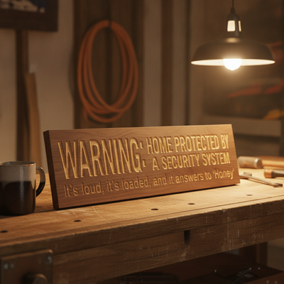 Funny Security Sign — It's Loud, It's Loaded, Answers To Honey — styled in room — Bluegrass Gifts