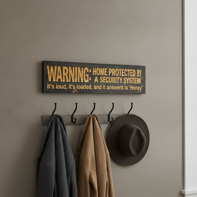 Funny Security Sign — It's Loud, It's Loaded, Answers To Honey — styled on wall — Bluegrass Gifts