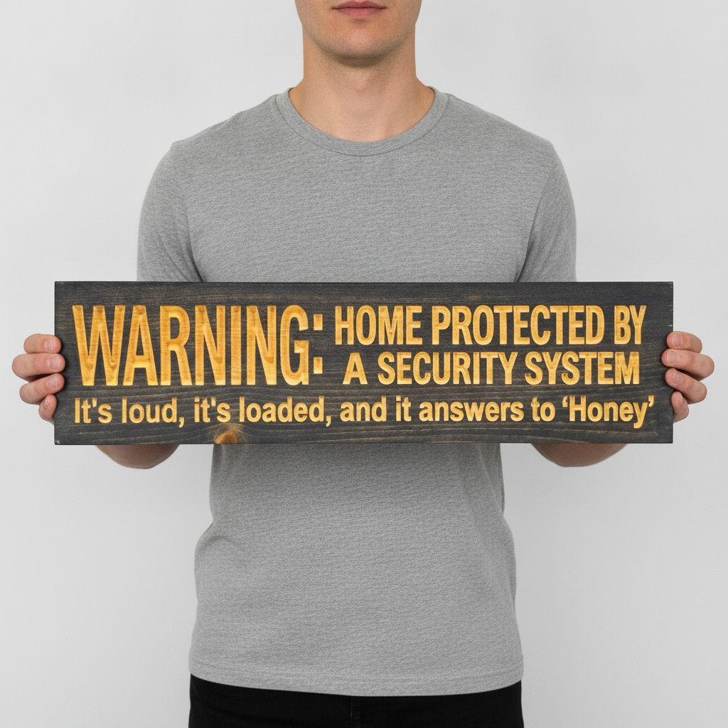 Funny Security Sign — It's Loud, It's Loaded, Answers To Honey — shown to scale, held — Bluegrass Gifts