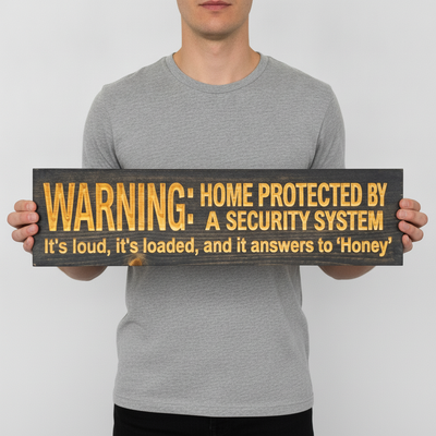 Funny Security Sign — It's Loud, It's Loaded, Answers To Honey — shown to scale, held — Bluegrass Gifts