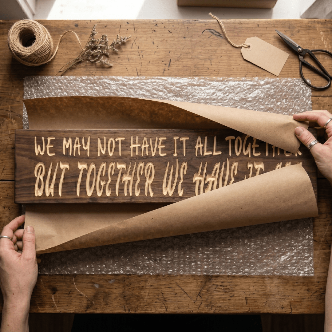 We May Not Have It All Together carved wood sign being gift wrapped in kraft paper with twine, scissors, and dried florals for a romantic wedding or anniversary gift