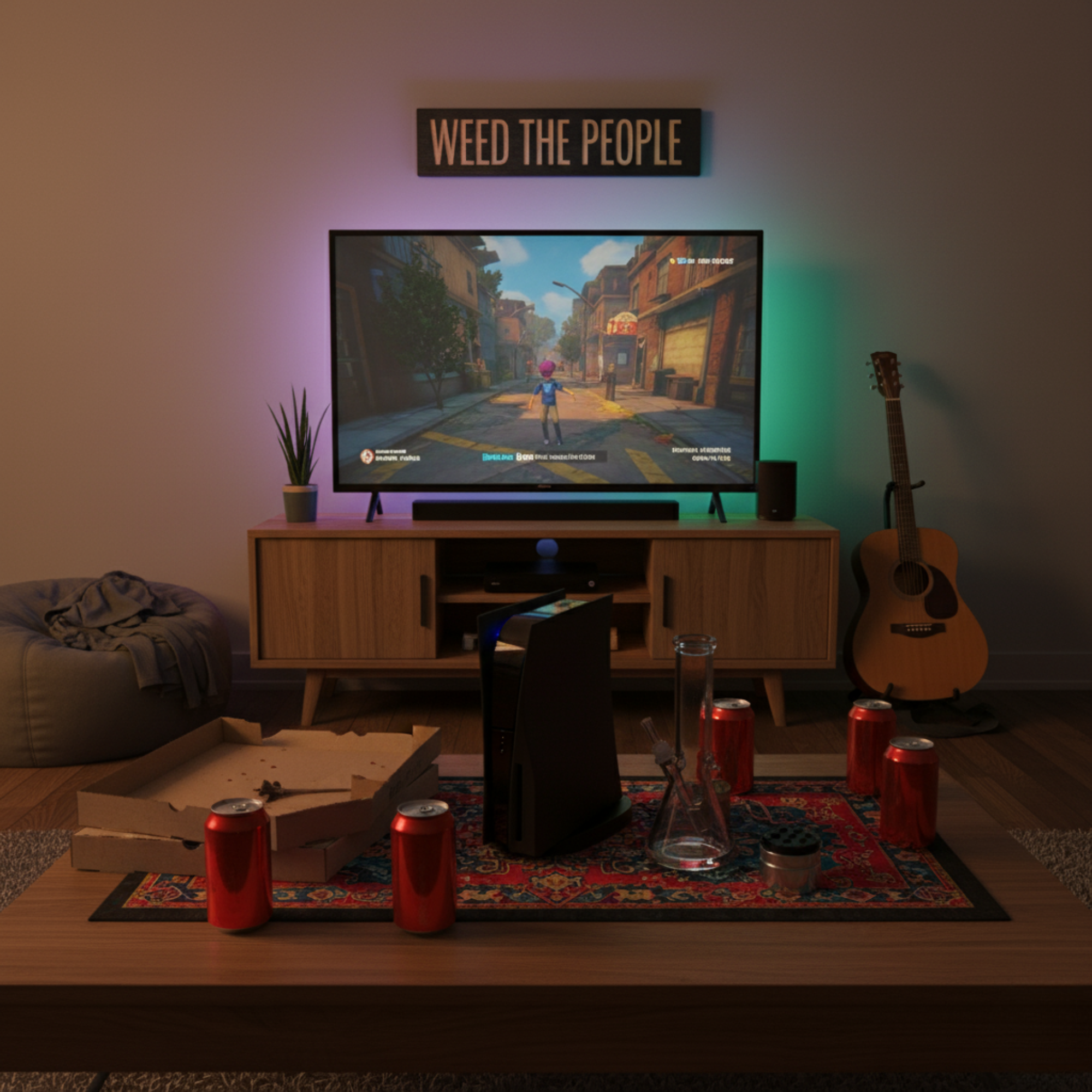  A "Weed The People" wood sign displayed above a TV in a young adult's apartment with gaming console, pizza boxes, soda cans, and subtle cannabis paraphernalia, reflecting a casual stoner lifestyle.