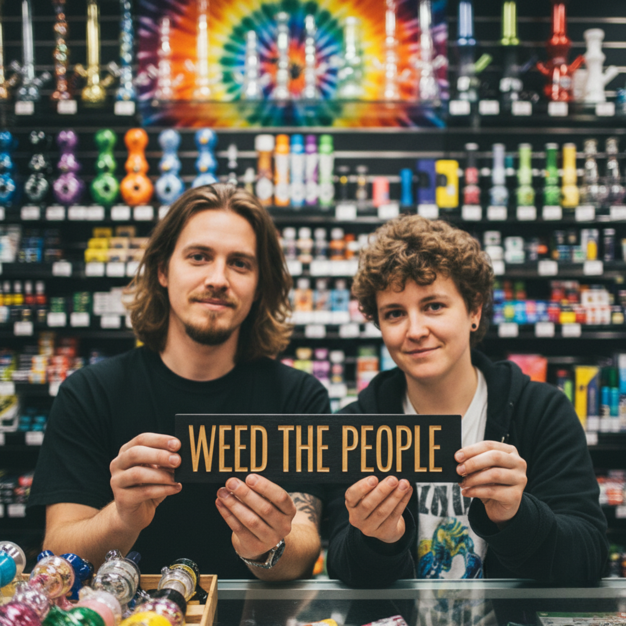 Two young adults, with relaxed expressions, holding a "Weed The People" sign in a brightly lit headshop, surrounded by glass pipes and colorful cannabis accessories.