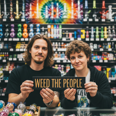Two young adults, with relaxed expressions, holding a "Weed The People" sign in a brightly lit headshop, surrounded by glass pipes and colorful cannabis accessories.