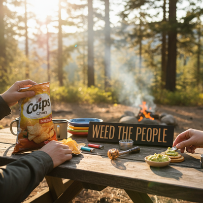 A "Weed The People" sign on a wooden picnic table during golden hour, next to hands preparing snacks by a campfire, suggesting a relaxed outdoor cannabis session in nature.