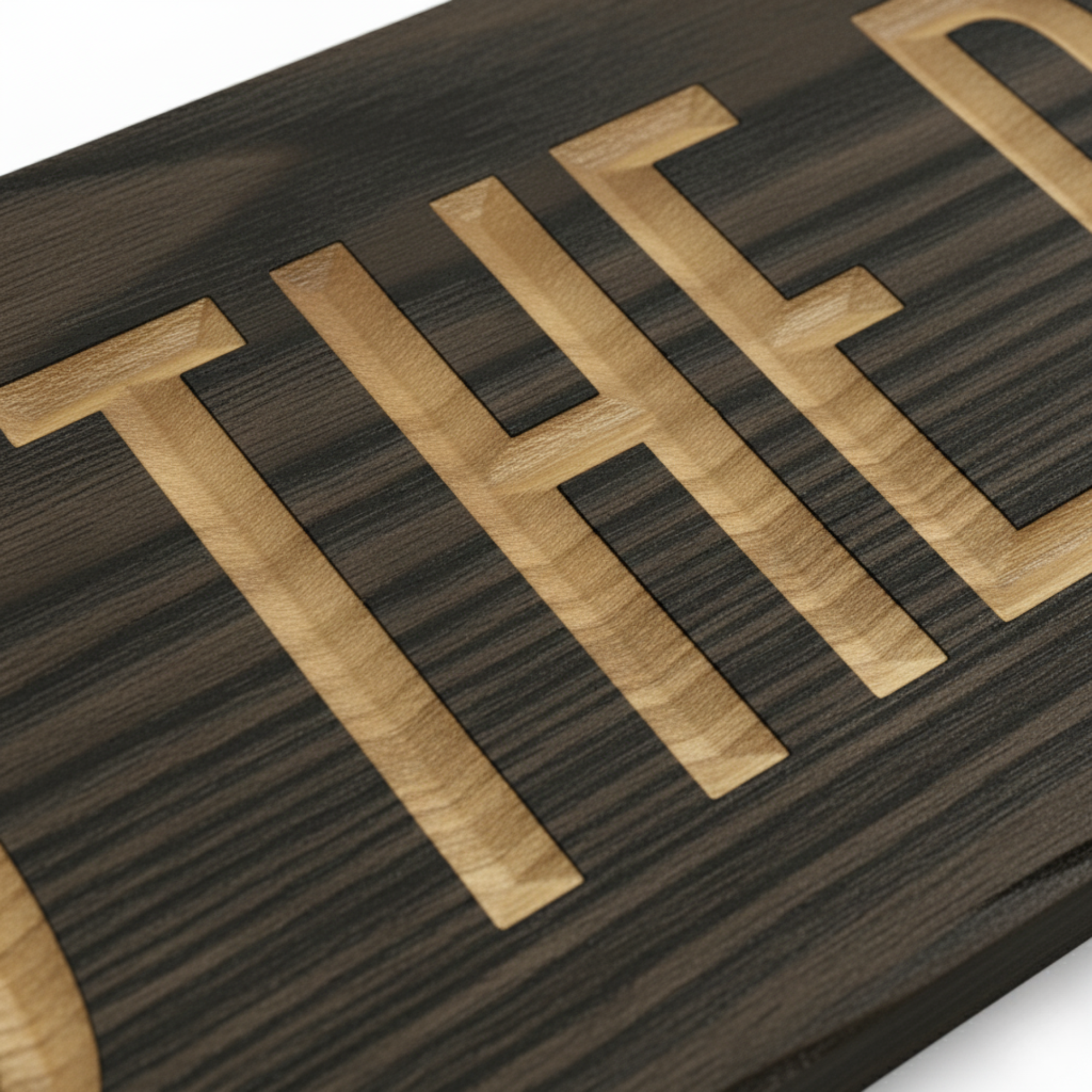 A close-up macro view of the deep V-carved lettering on the "Weed The People" sign, emphasizing the sharp edges, dimensional depth, and natural wood texture.