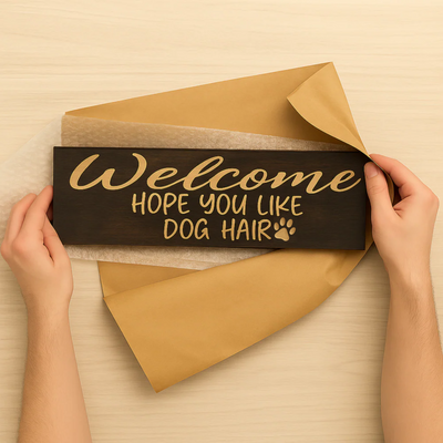 Unboxing wooden Welcome Hope You Like Dog Hair sign on table with hands opening package