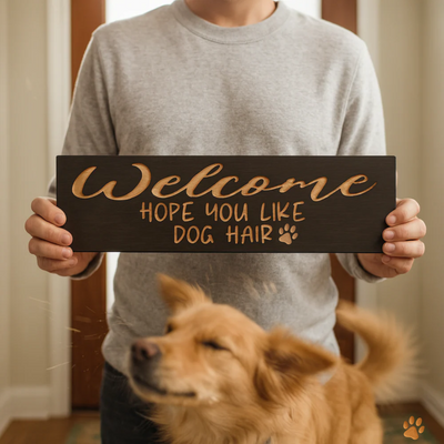 Funny Welcome Hope You Like Dog Hair sign held indoors with dog shaking fur in background